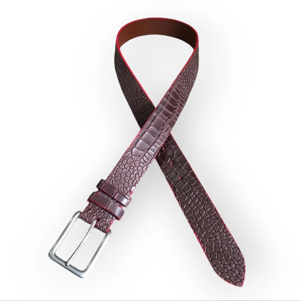 TORINO Italian Embossed Calf Leather Belt Brown with Red Trim Size 34